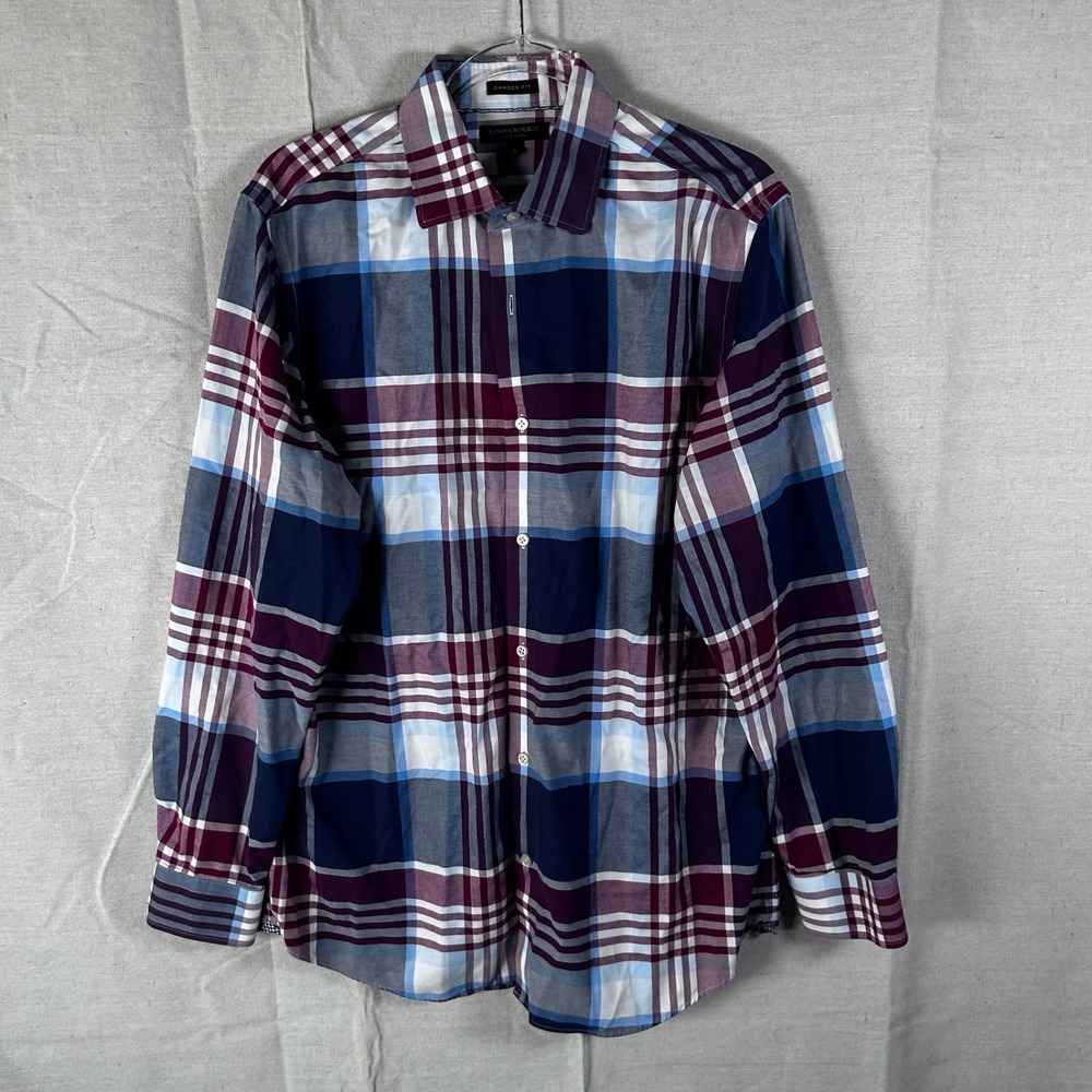 Banana Republic Camden Fit Non-Iron Plaid Button Down Shirt Mens L Burgundy Blue